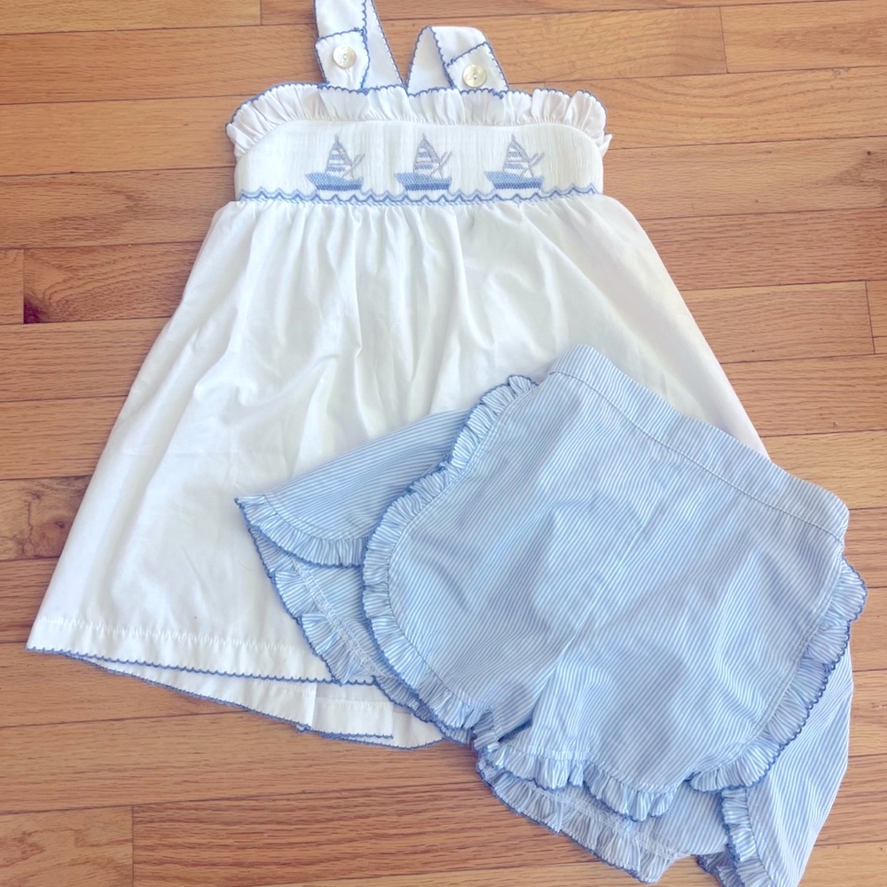 White and Blue Sailboat Embroidered Smocked Tank with Shorts